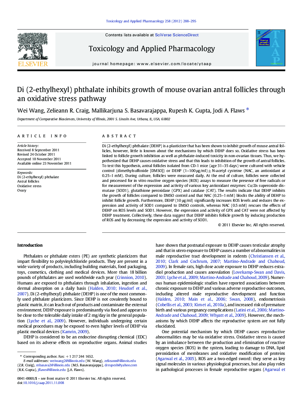 Di (2-ethylhexyl) phthalate inhibits growth of mouse ovarian antral follicles through an oxidative stress pathway