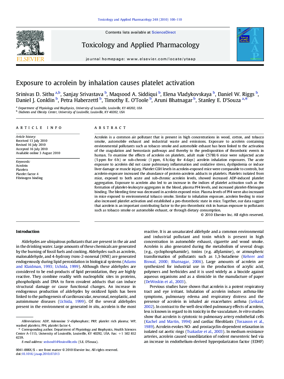 Exposure to acrolein by inhalation causes platelet activation