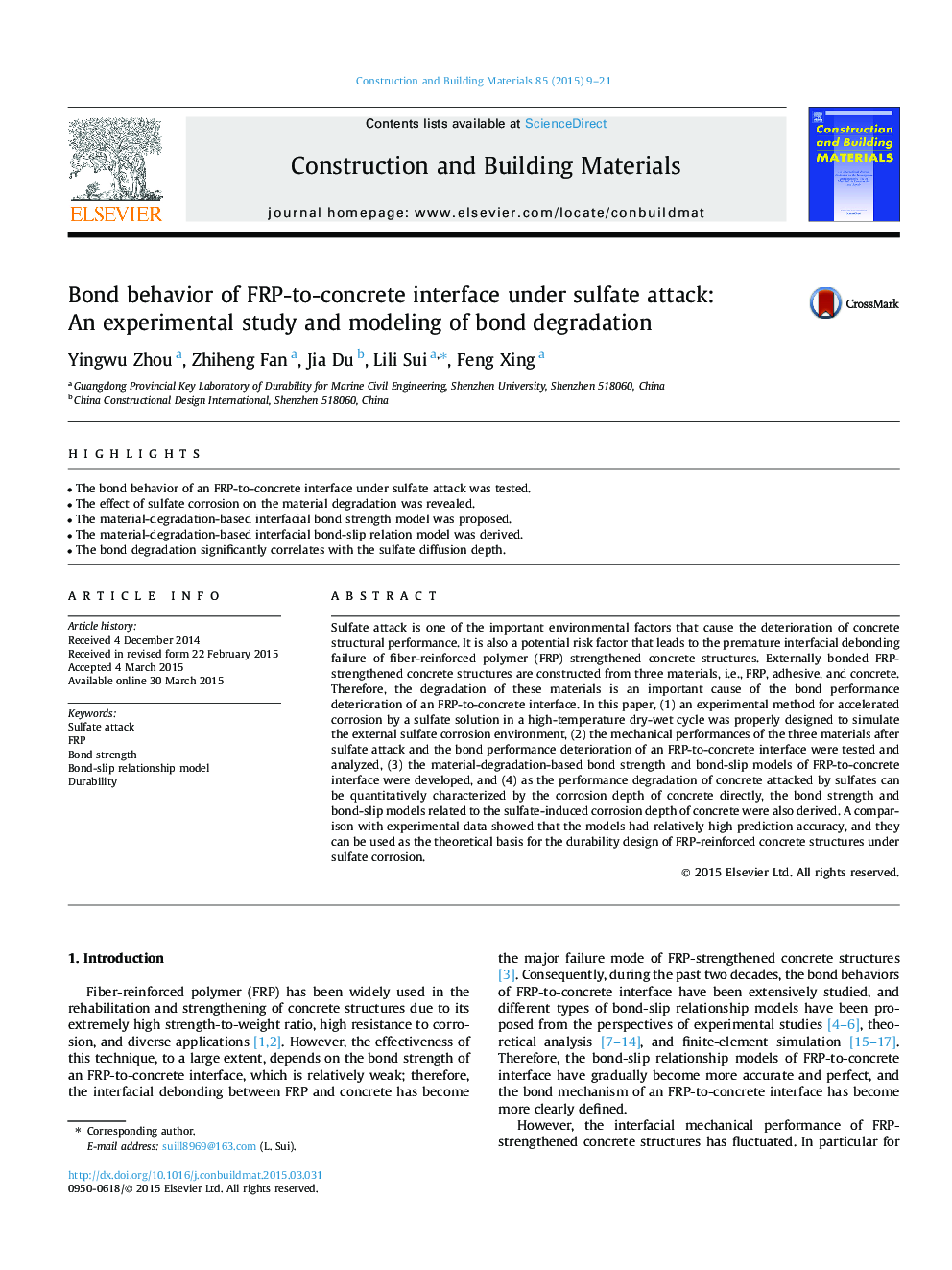 Bond behavior of FRP-to-concrete interface under sulfate attack: An experimental study and modeling of bond degradation