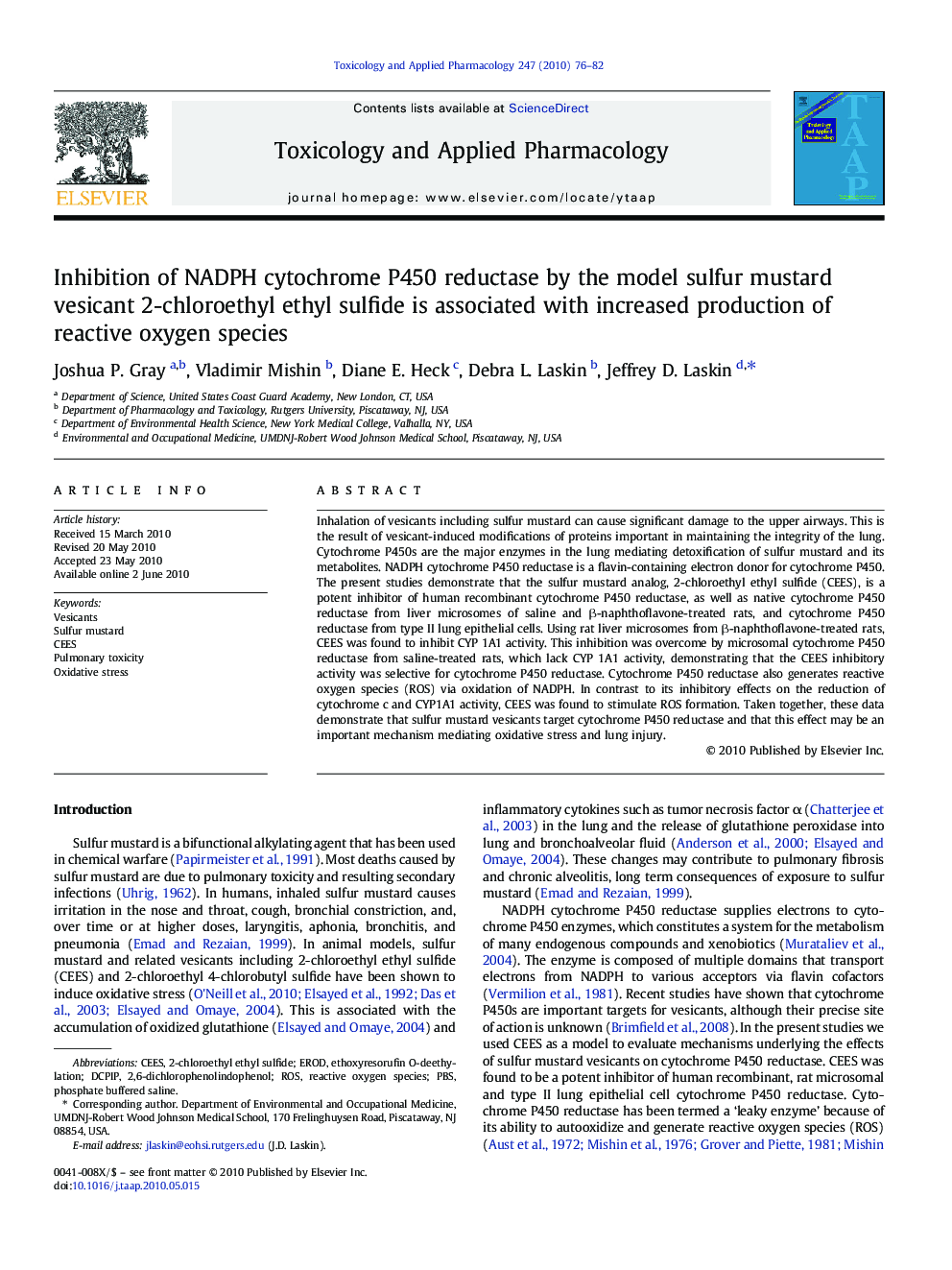 Inhibition of NADPH cytochrome P450 reductase by the model sulfur mustard vesicant 2-chloroethyl ethyl sulfide is associated with increased production of reactive oxygen species