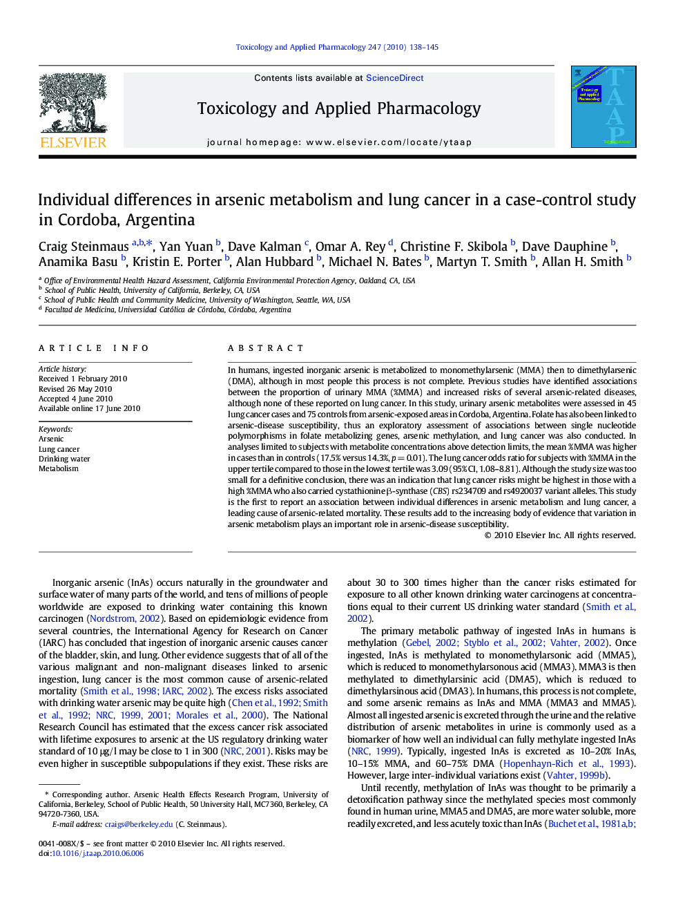 Individual differences in arsenic metabolism and lung cancer in a case-control study in Cordoba, Argentina