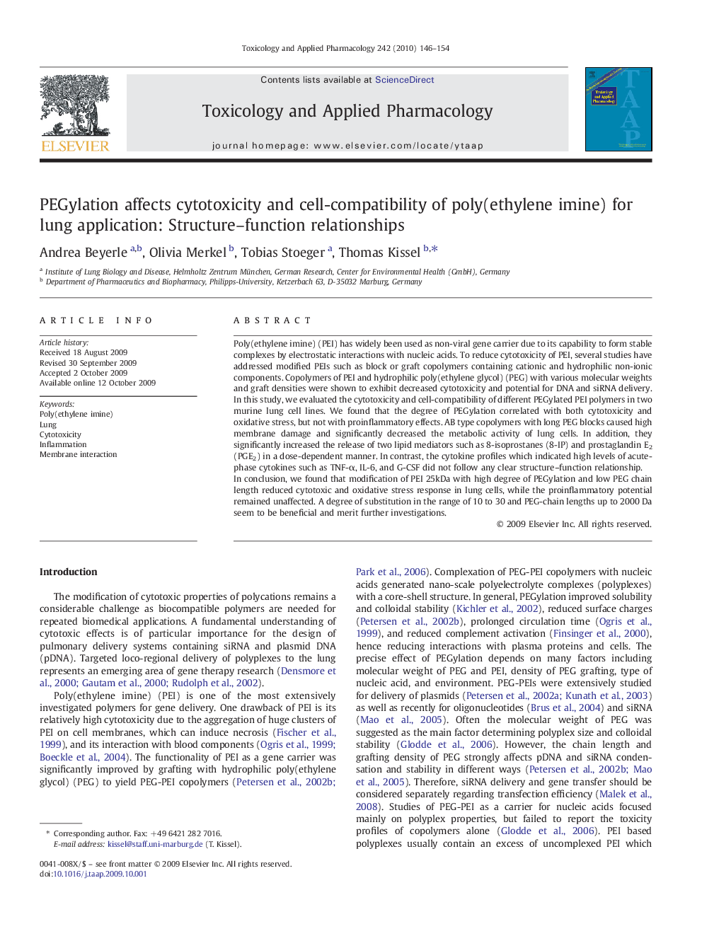 PEGylation affects cytotoxicity and cell-compatibility of poly(ethylene imine) for lung application: Structure–function relationships