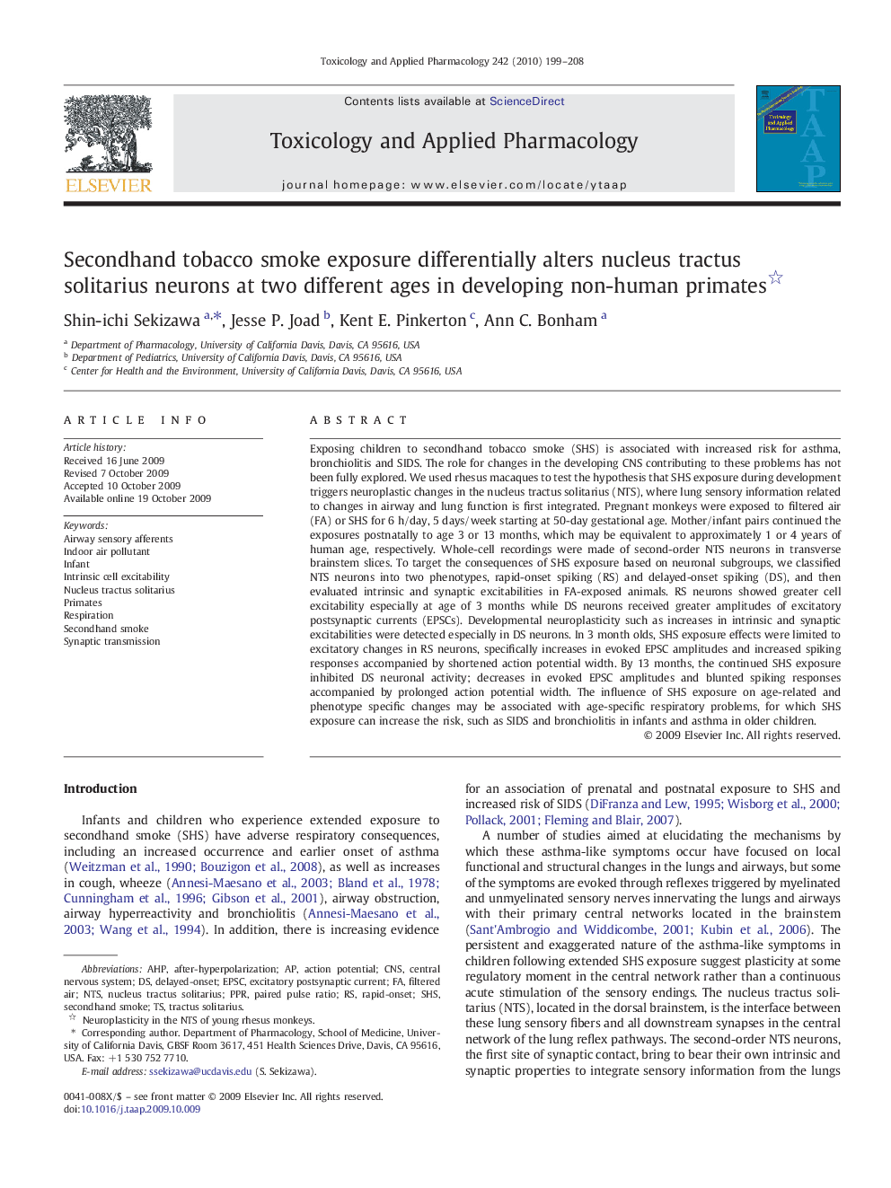 Secondhand tobacco smoke exposure differentially alters nucleus tractus solitarius neurons at two different ages in developing non-human primates 