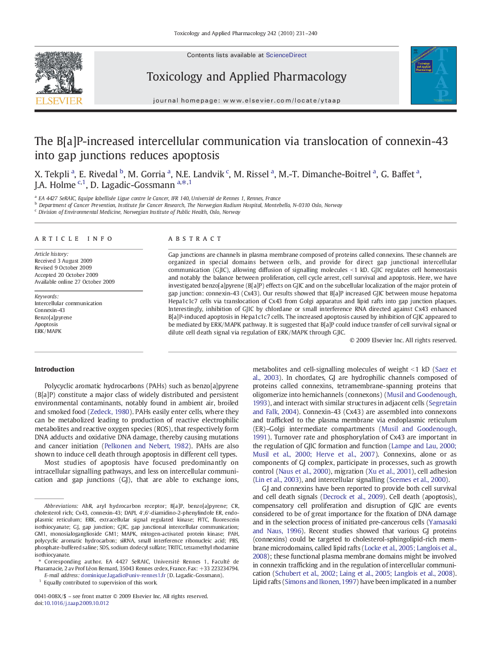 The B[a]P-increased intercellular communication via translocation of connexin-43 into gap junctions reduces apoptosis