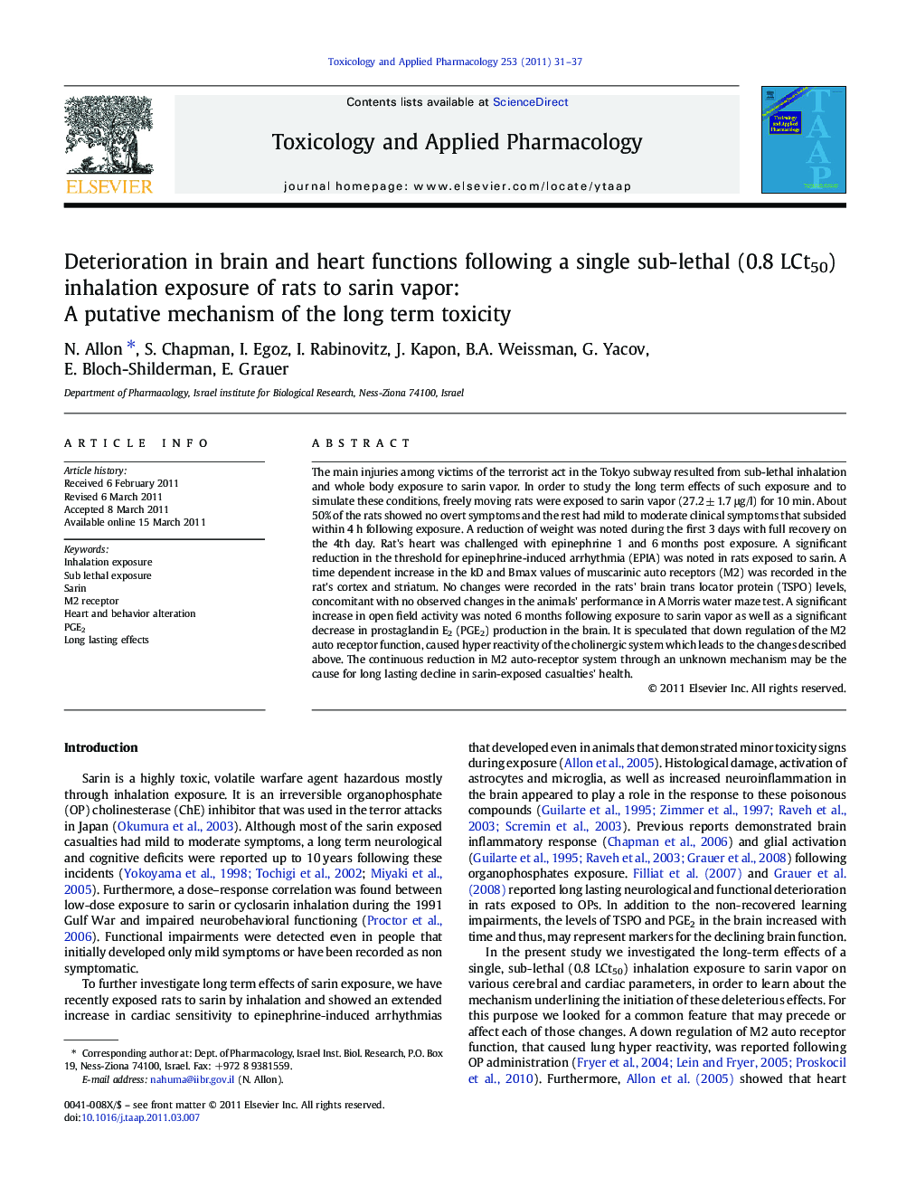 Deterioration in brain and heart functions following a single sub-lethal (0.8 LCt50) inhalation exposure of rats to sarin vapor:: A putative mechanism of the long term toxicity