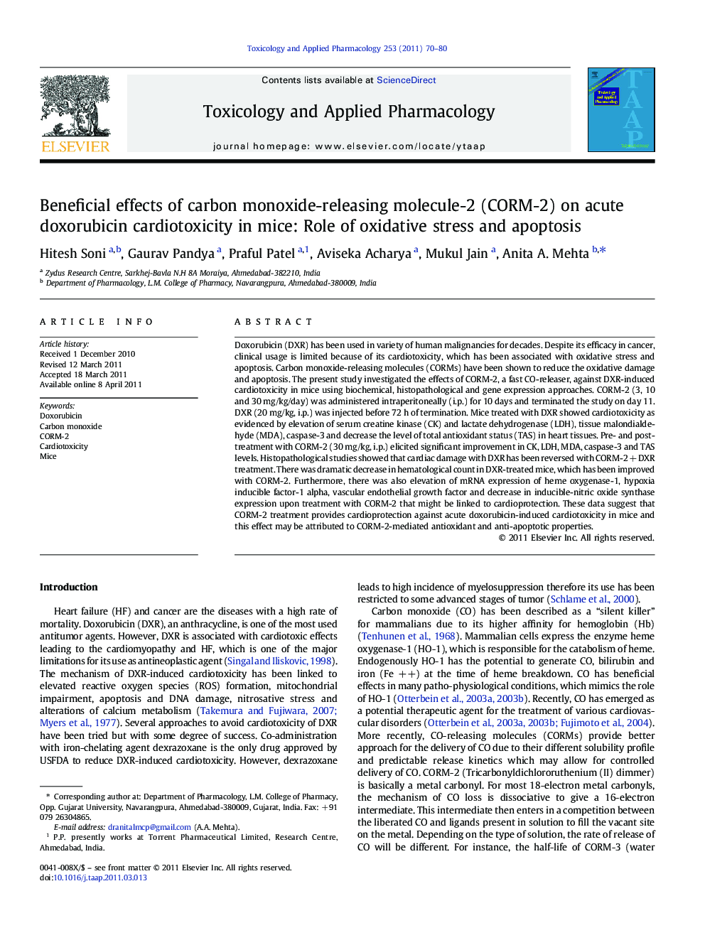 Beneficial effects of carbon monoxide-releasing molecule-2 (CORM-2) on acute doxorubicin cardiotoxicity in mice: Role of oxidative stress and apoptosis