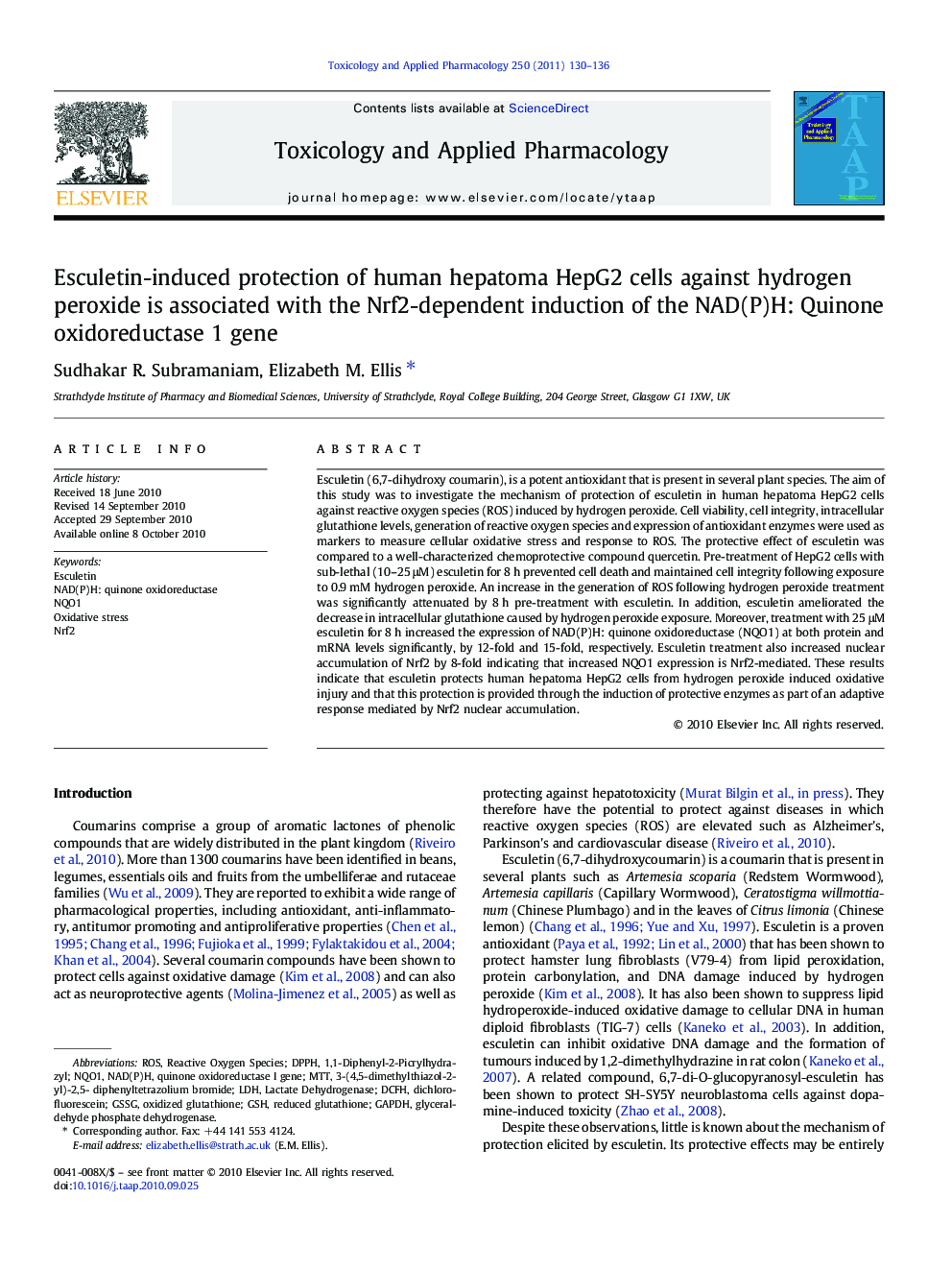 Esculetin-induced protection of human hepatoma HepG2 cells against hydrogen peroxide is associated with the Nrf2-dependent induction of the NAD(P)H: Quinone oxidoreductase 1 gene