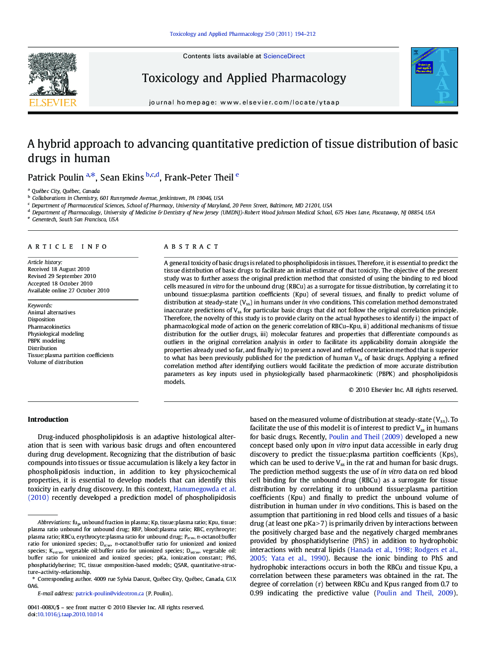 A hybrid approach to advancing quantitative prediction of tissue distribution of basic drugs in human