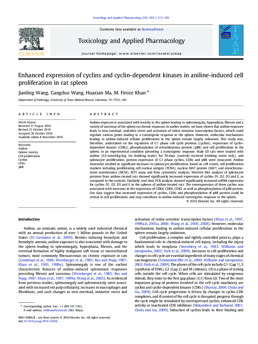 Enhanced expression of cyclins and cyclin-dependent kinases in aniline-induced cell proliferation in rat spleen