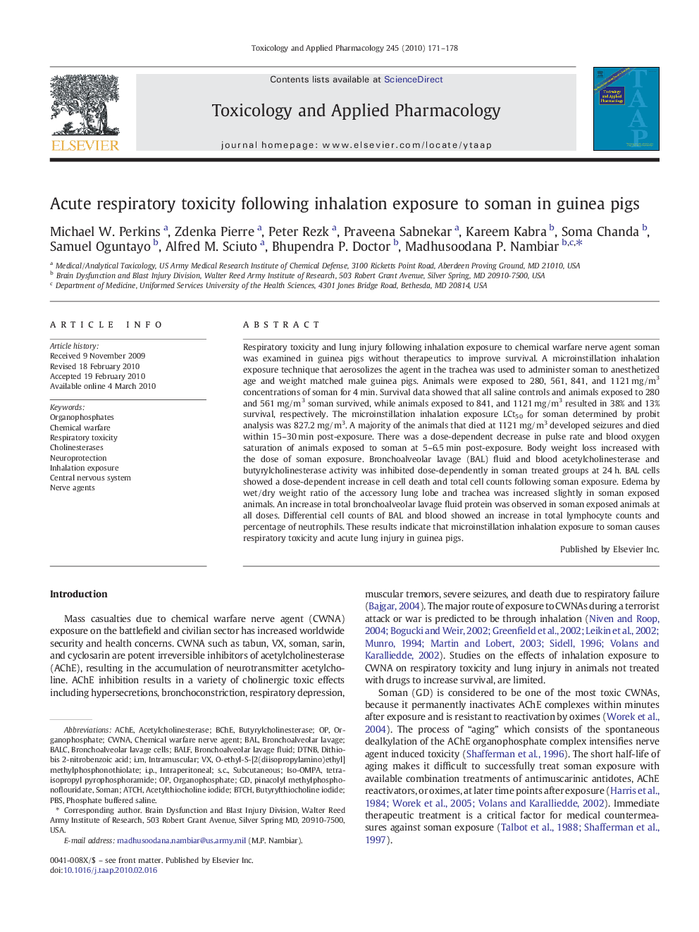 Acute respiratory toxicity following inhalation exposure to soman in guinea pigs