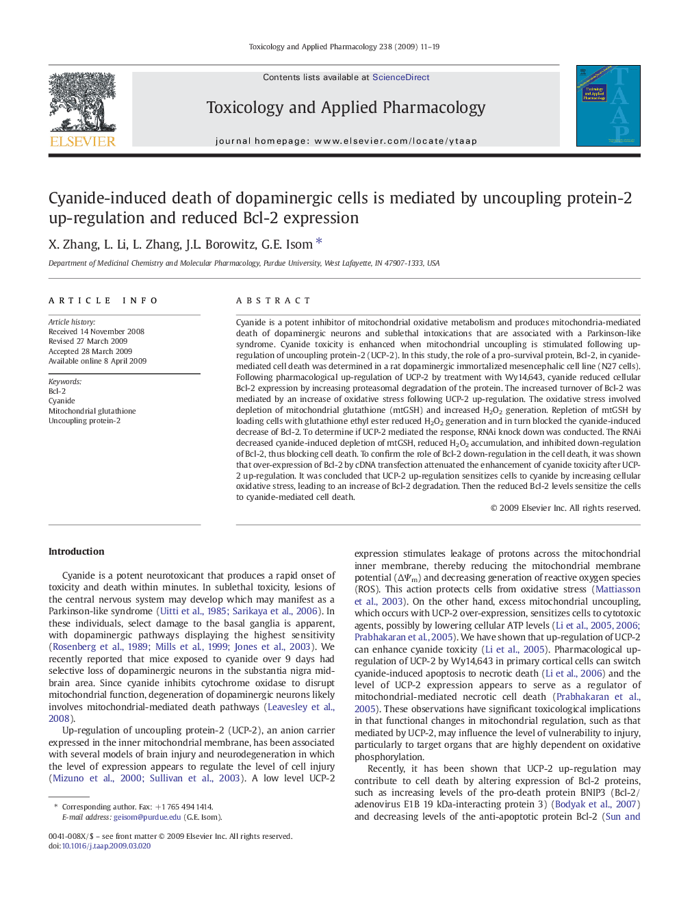 Cyanide-induced death of dopaminergic cells is mediated by uncoupling protein-2 up-regulation and reduced Bcl-2 expression