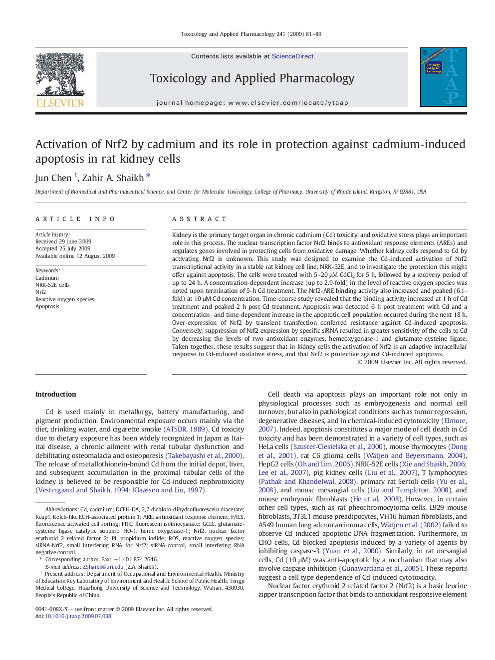 Activation of Nrf2 by cadmium and its role in protection against cadmium-induced apoptosis in rat kidney cells