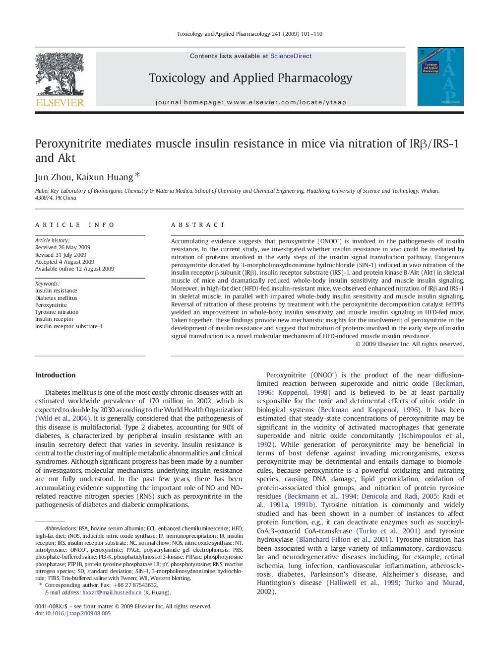 Peroxynitrite mediates muscle insulin resistance in mice via nitration of IRβ/IRS-1 and Akt