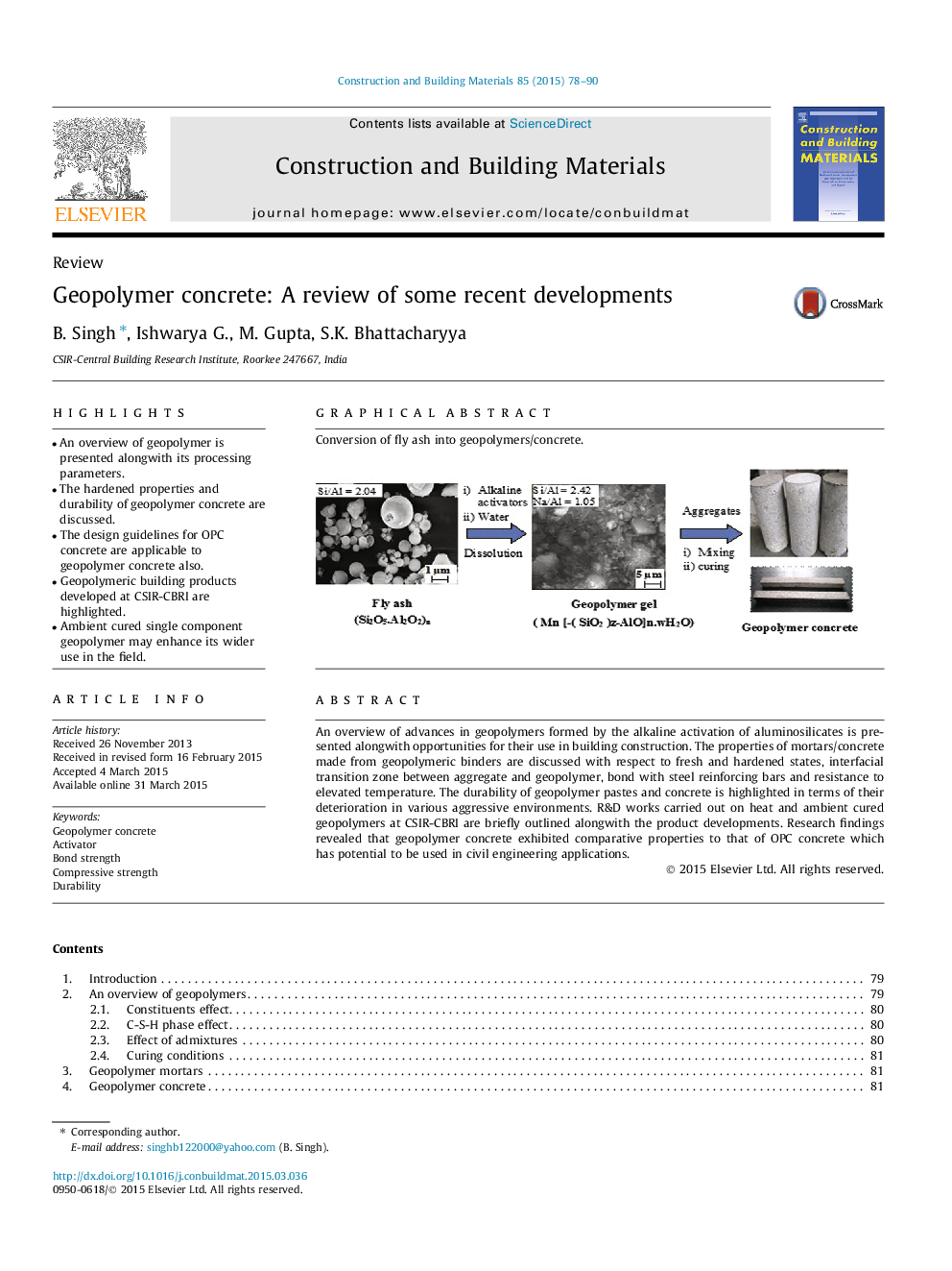 Geopolymer concrete: A review of some recent developments