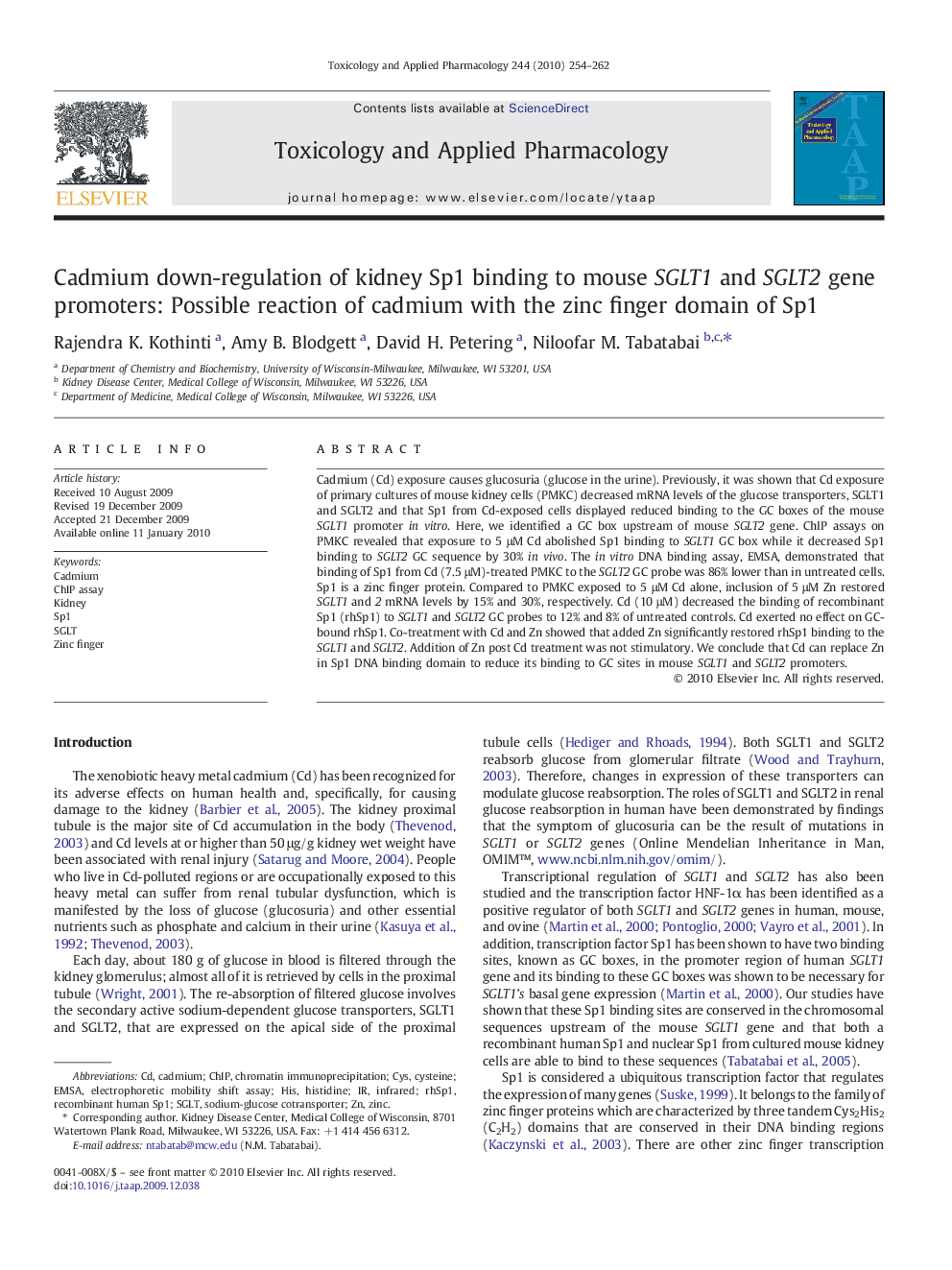 Cadmium down-regulation of kidney Sp1 binding to mouse SGLT1 and SGLT2 gene promoters: Possible reaction of cadmium with the zinc finger domain of Sp1