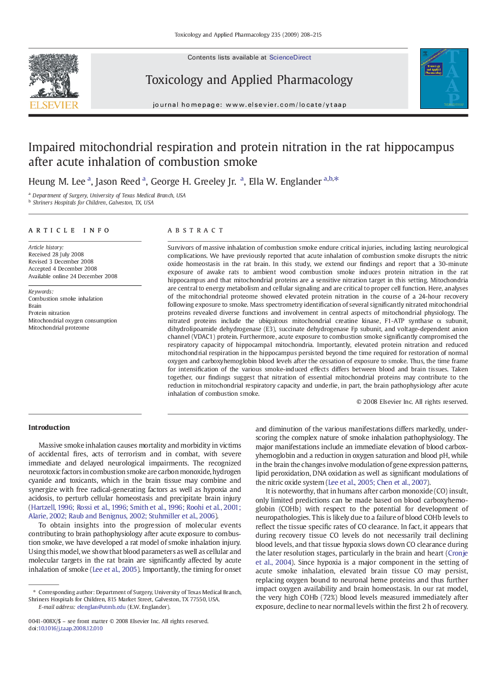 Impaired mitochondrial respiration and protein nitration in the rat hippocampus after acute inhalation of combustion smoke