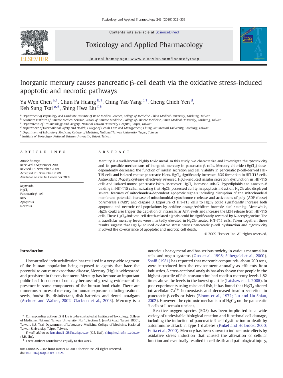 Inorganic mercury causes pancreatic β-cell death via the oxidative stress-induced apoptotic and necrotic pathways