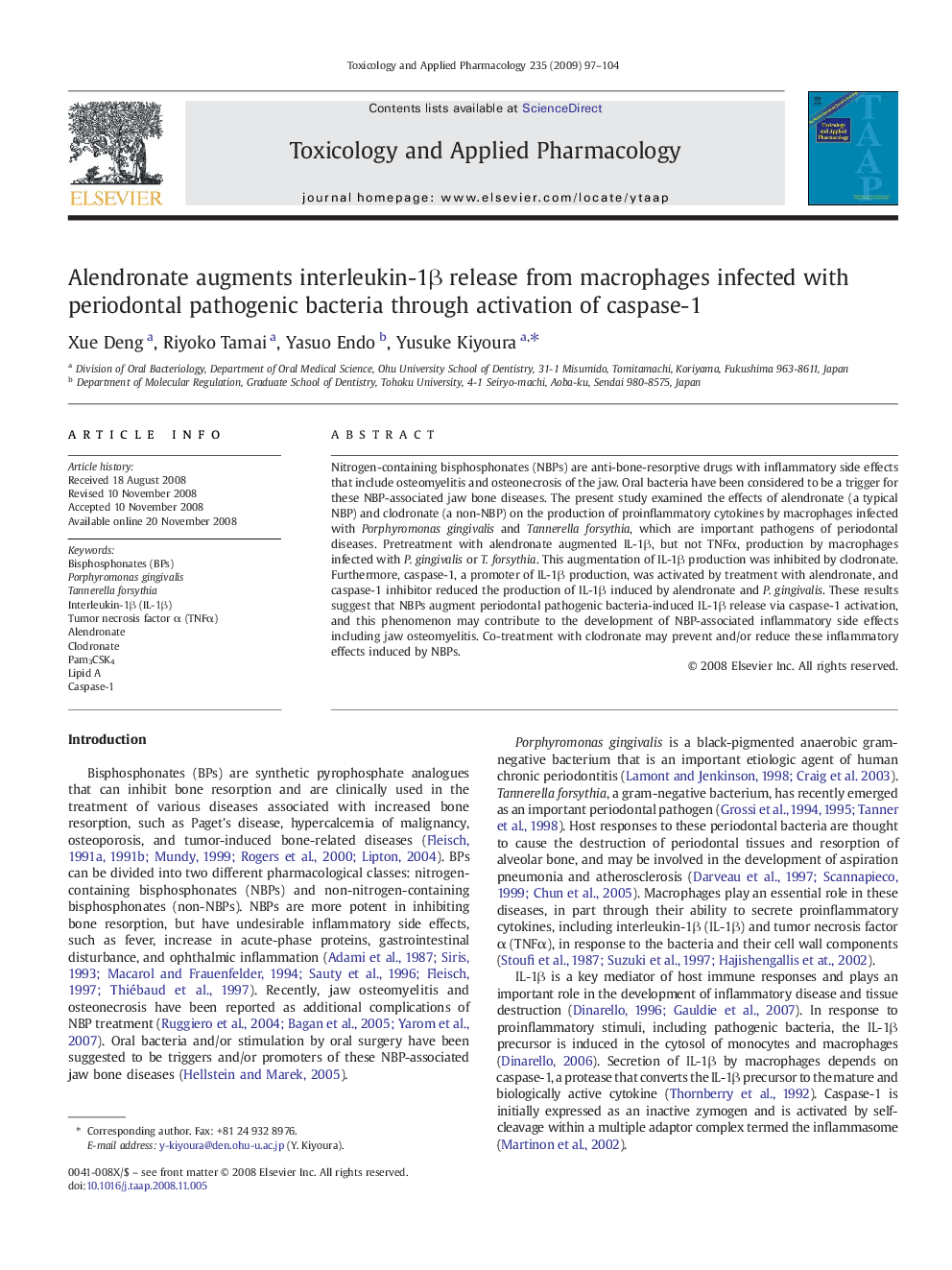 Alendronate augments interleukin-1Î² release from macrophages infected with periodontal pathogenic bacteria through activation of caspase-1