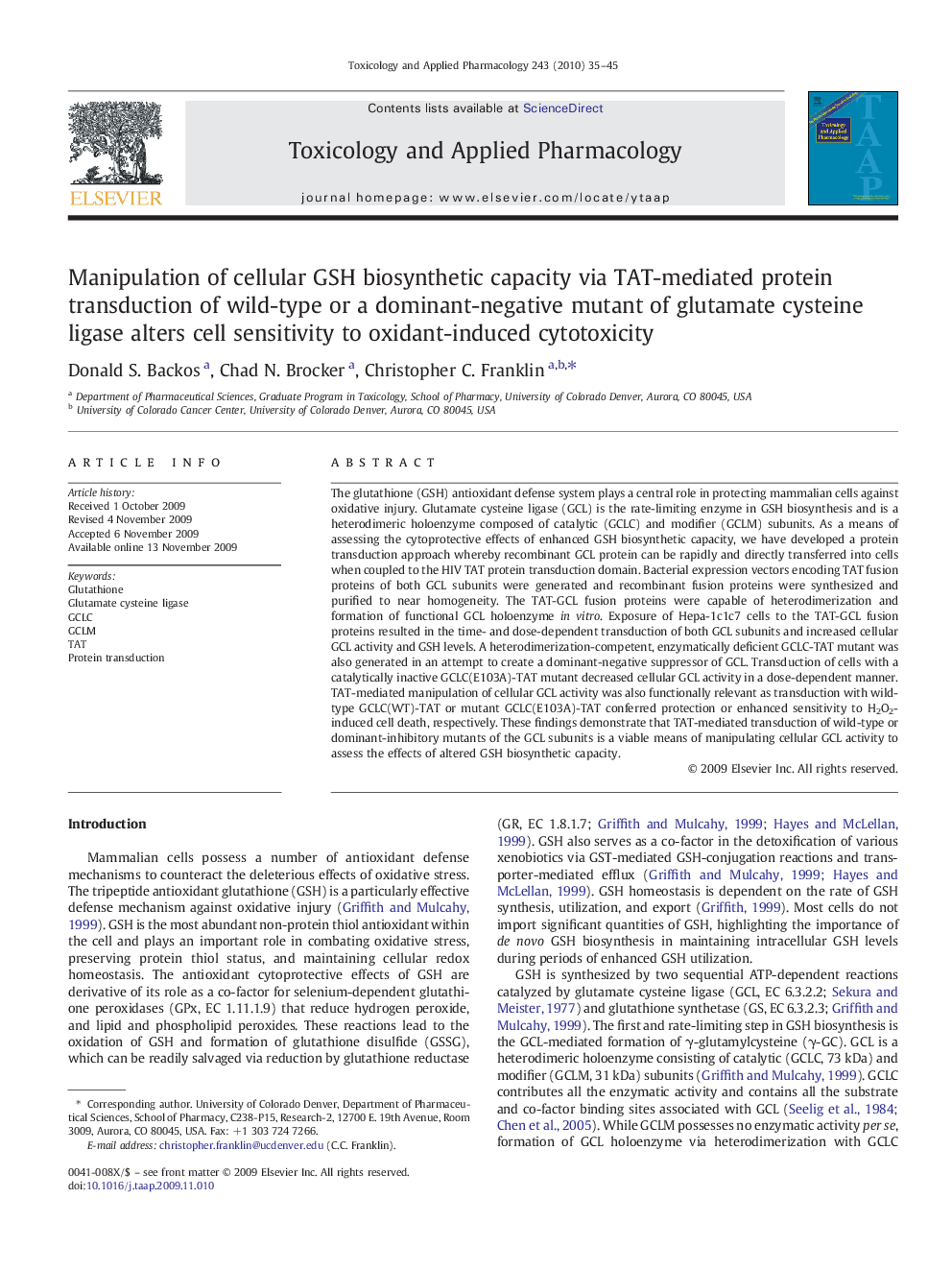 Manipulation of cellular GSH biosynthetic capacity via TAT-mediated protein transduction of wild-type or a dominant-negative mutant of glutamate cysteine ligase alters cell sensitivity to oxidant-induced cytotoxicity