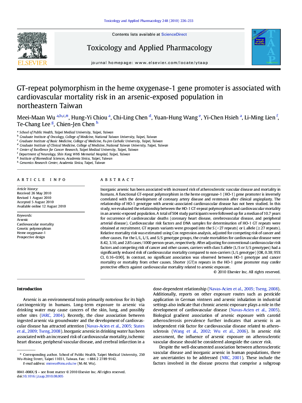 GT-repeat polymorphism in the heme oxygenase-1 gene promoter is associated with cardiovascular mortality risk in an arsenic-exposed population in northeastern Taiwan