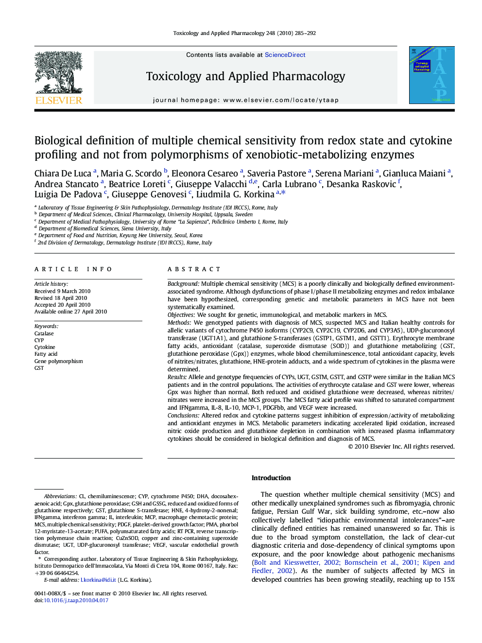 Biological definition of multiple chemical sensitivity from redox state and cytokine profiling and not from polymorphisms of xenobiotic-metabolizing enzymes