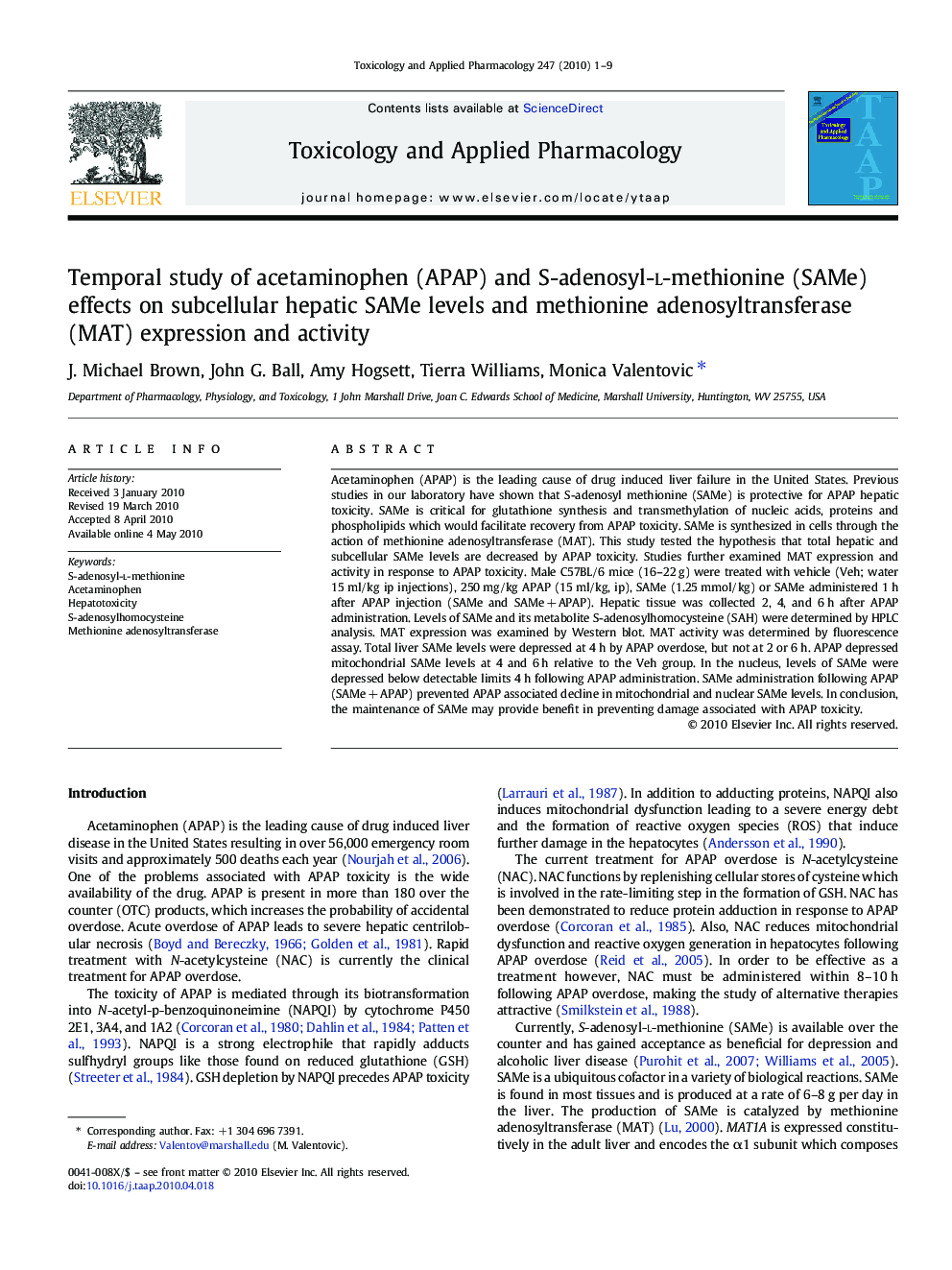 Temporal study of acetaminophen (APAP) and S-adenosyl-l-methionine (SAMe) effects on subcellular hepatic SAMe levels and methionine adenosyltransferase (MAT) expression and activity