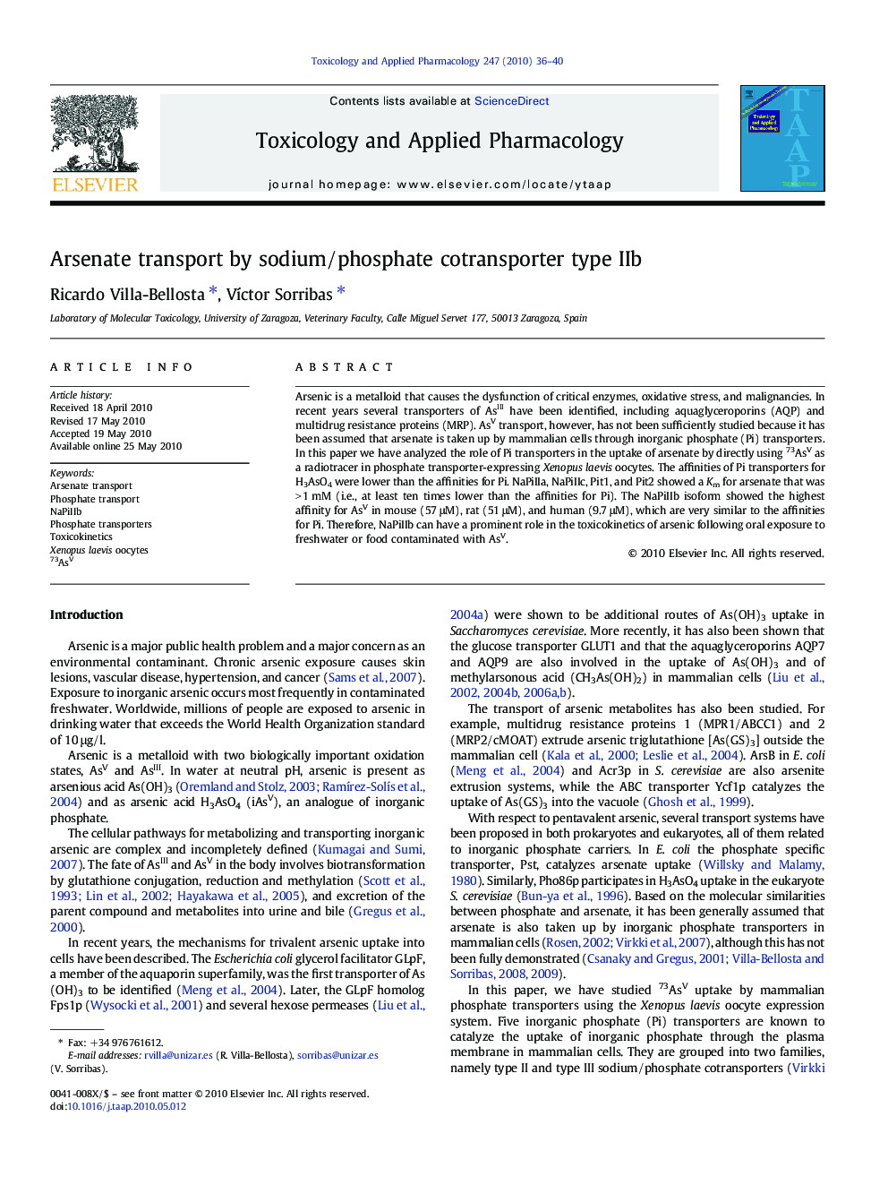 Arsenate transport by sodium/phosphate cotransporter type IIb