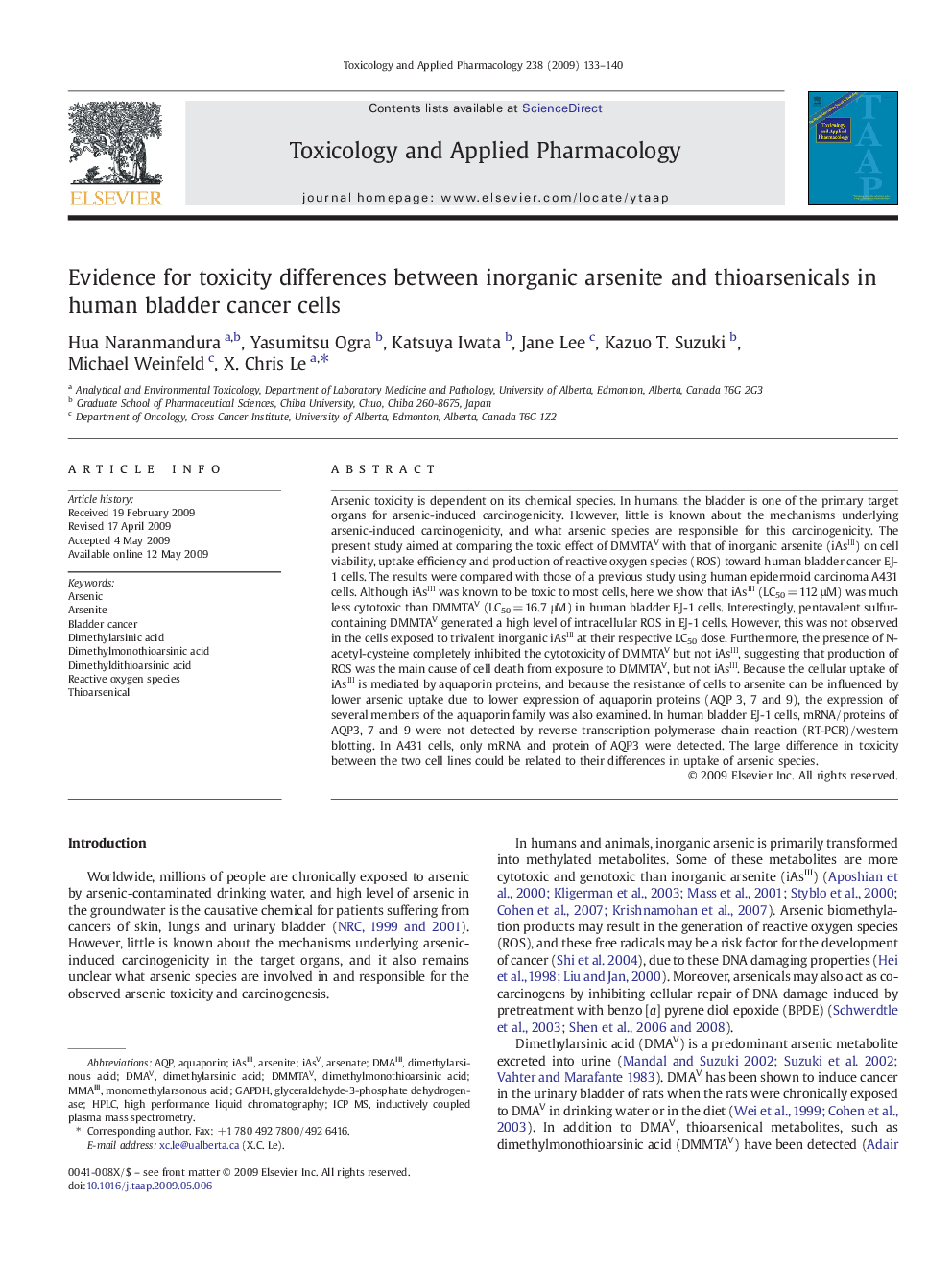 Evidence for toxicity differences between inorganic arsenite and thioarsenicals in human bladder cancer cells