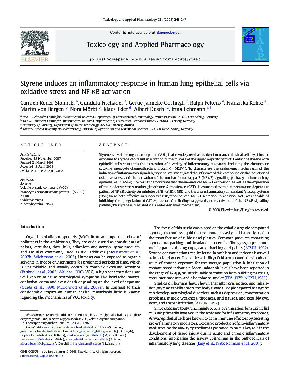 Styrene induces an inflammatory response in human lung epithelial cells via oxidative stress and NF-κB activation