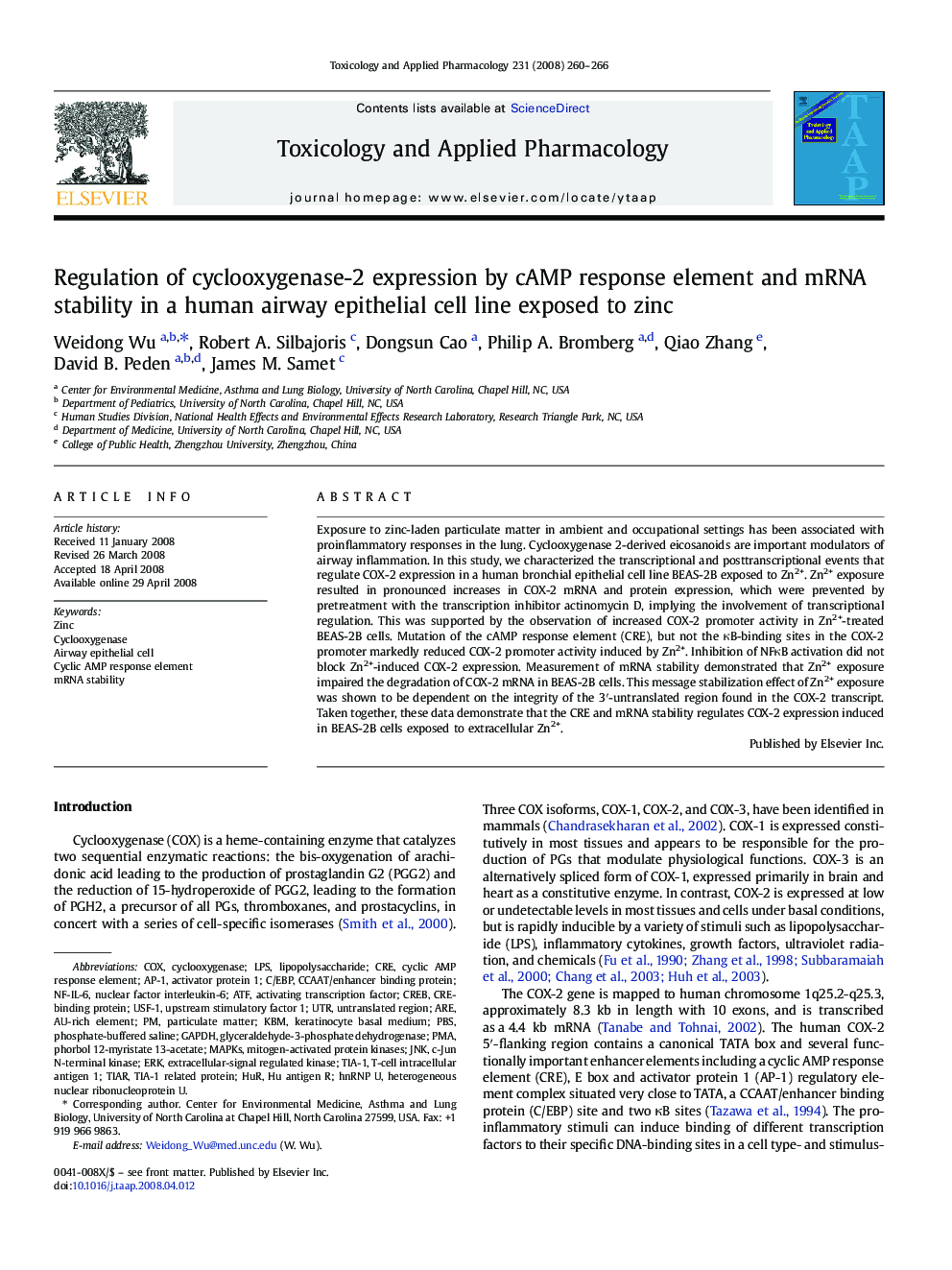 عکس صفحه اول مقاله: Regulation of cyclooxygenase-2 expression by cAMP response element and mRNA stability in a human airway epithelial cell line exposed to zinc Regulation of cyclooxygenase-2 expression by cAMP response element and mRNA stability in a human airway epithelial cell line exposed to zinc