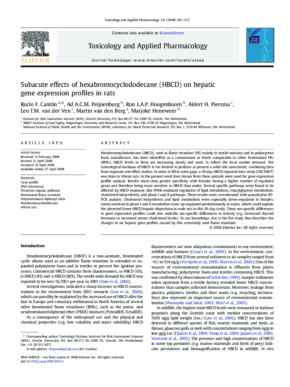 Subacute effects of hexabromocyclododecane (HBCD) on hepatic gene expression profiles in rats