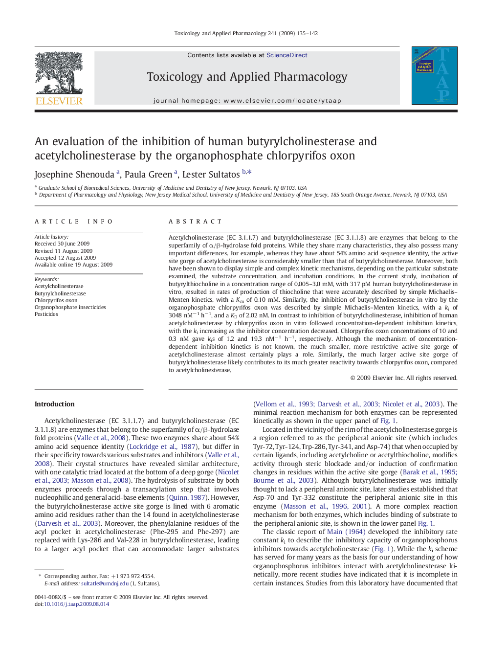 عکس صفحه اول مقاله: An evaluation of the inhibition of human butyrylcholinesterase and acetylcholinesterase by the organophosphate chlorpyrifos oxon An evaluation of the inhibition of human butyrylcholinesterase and acetylcholinesterase by the organophosphate chlorpyrifos oxon