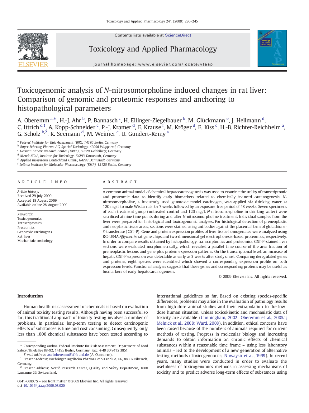 عکس صفحه اول مقاله: Toxicogenomic analysis of N-nitrosomorpholine induced changes in rat liver: Comparison of genomic and proteomic responses and anchoring to histopathological parameters Toxicogenomic analysis of N-nitrosomorpholine induced changes in rat liver: Comparison of genomic and proteomic responses and anchoring to histopathological parameters