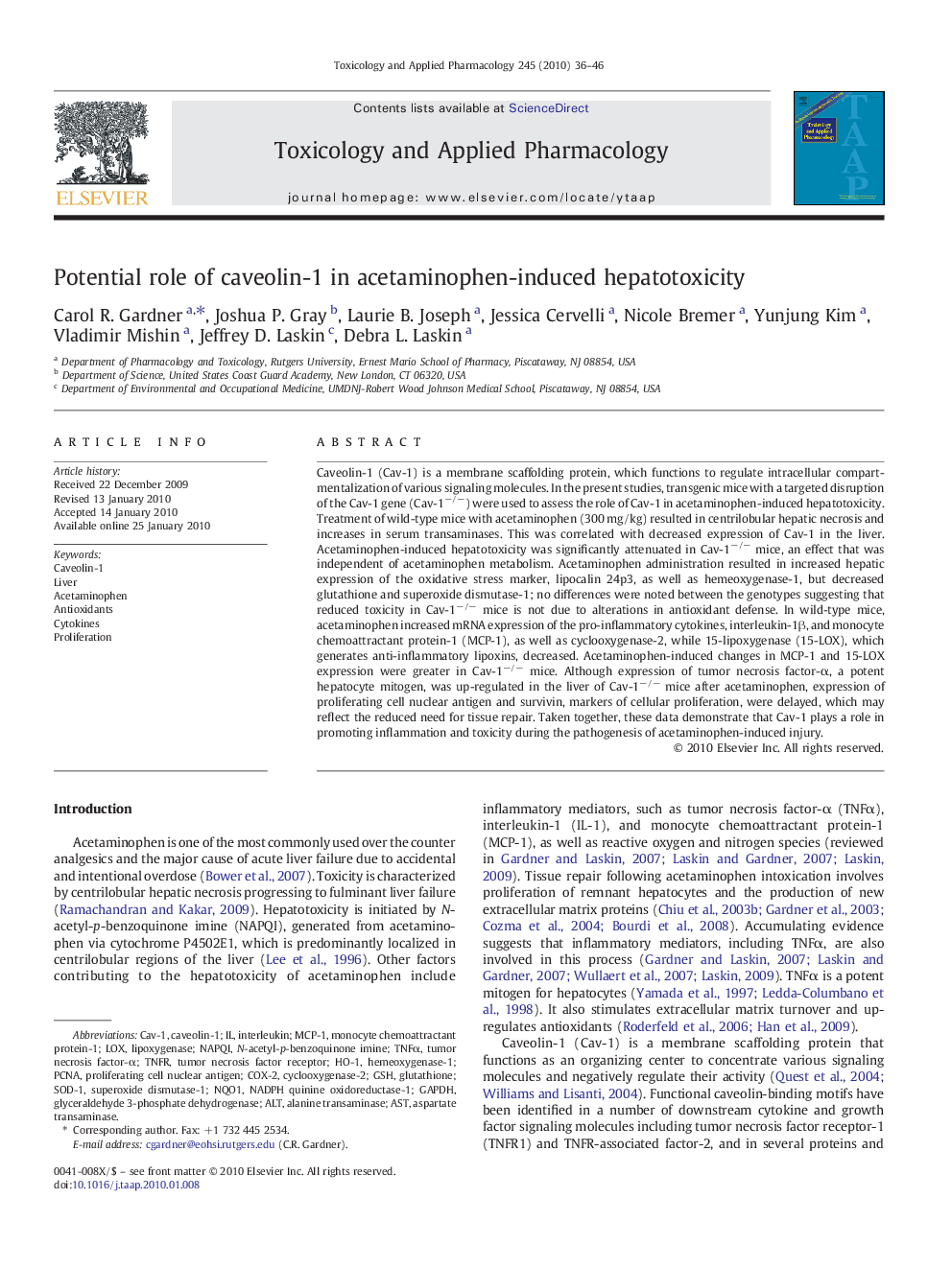 Potential role of caveolin-1 in acetaminophen-induced hepatotoxicity