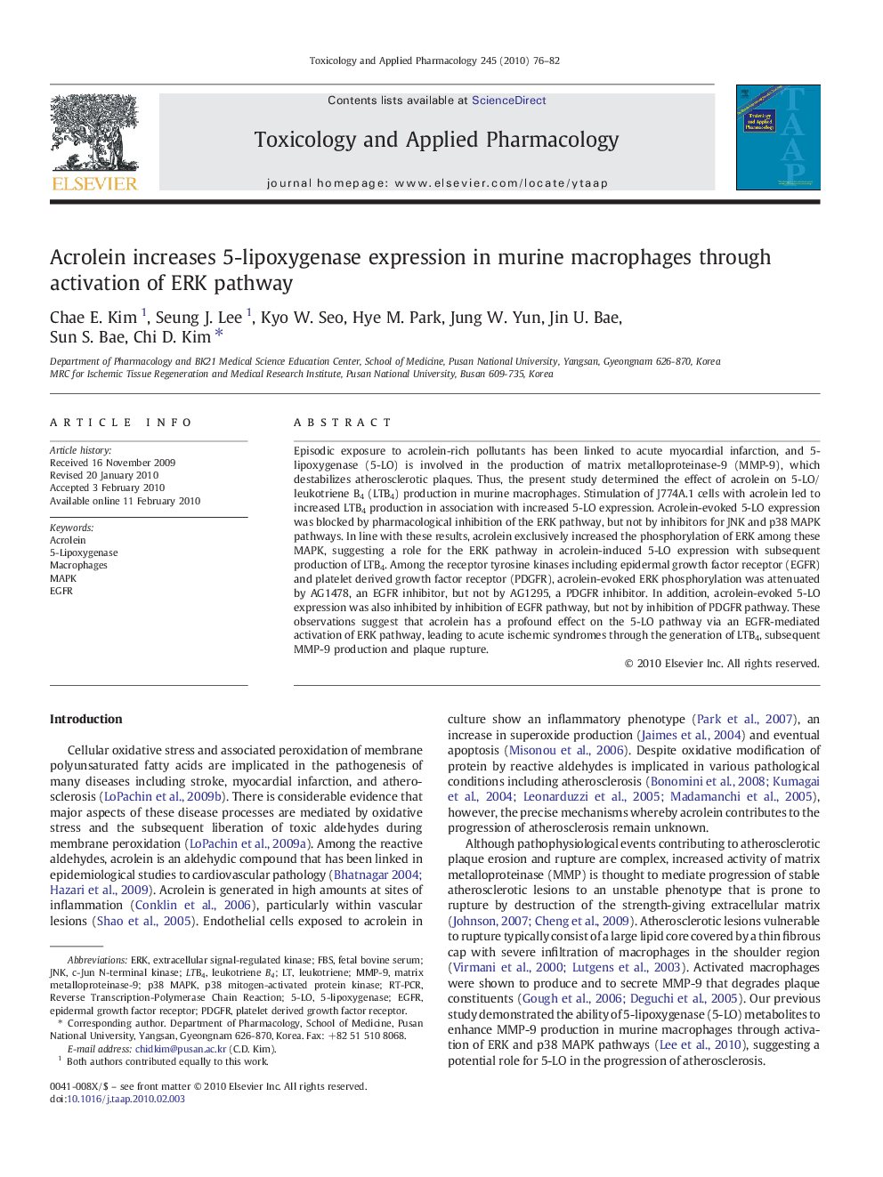 Acrolein increases 5-lipoxygenase expression in murine macrophages through activation of ERK pathway