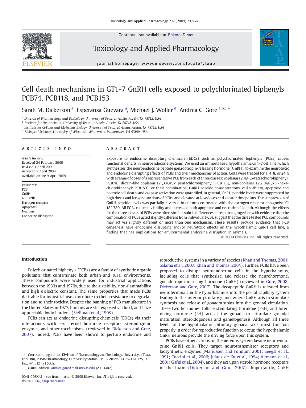 Cell death mechanisms in GT1-7 GnRH cells exposed to polychlorinated biphenyls PCB74, PCB118, and PCB153