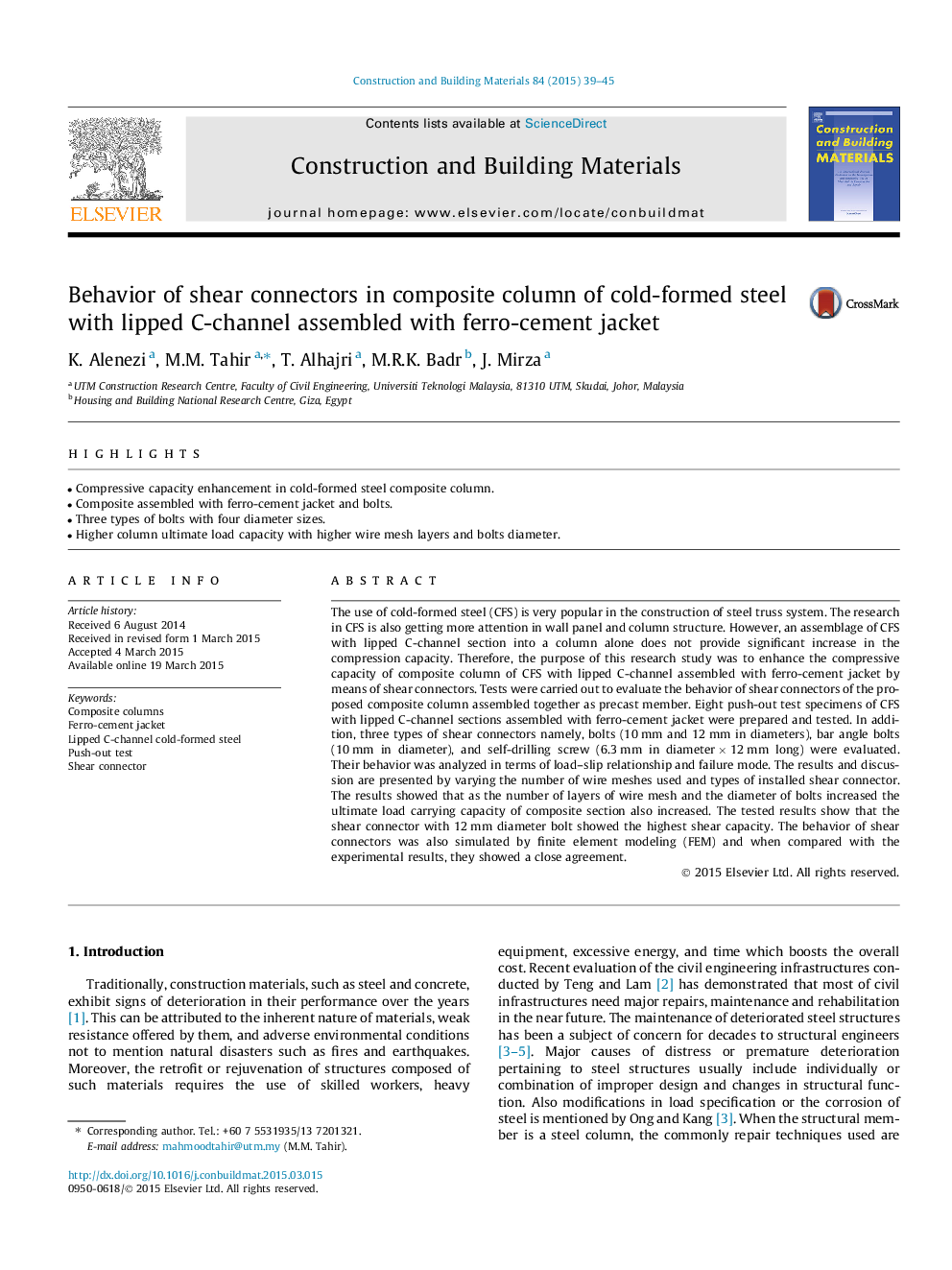 Behavior of shear connectors in composite column of cold-formed steel with lipped C-channel assembled with ferro-cement jacket