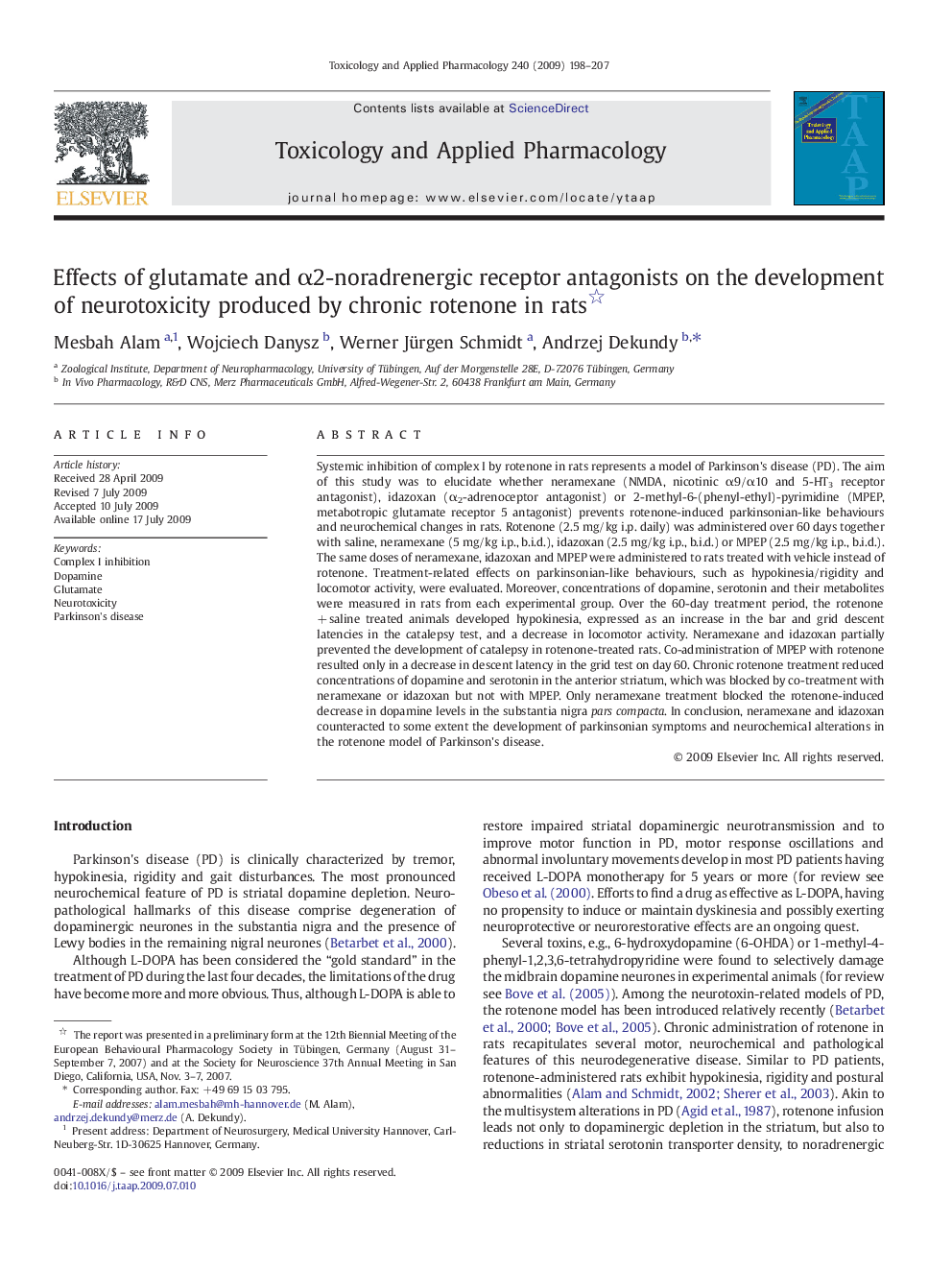 Effects of glutamate and α2-noradrenergic receptor antagonists on the development of neurotoxicity produced by chronic rotenone in rats 