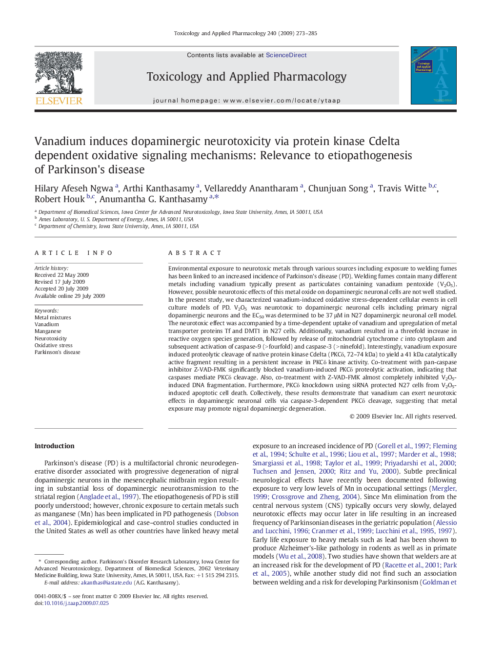 Vanadium induces dopaminergic neurotoxicity via protein kinase Cdelta dependent oxidative signaling mechanisms: Relevance to etiopathogenesis of Parkinson's disease