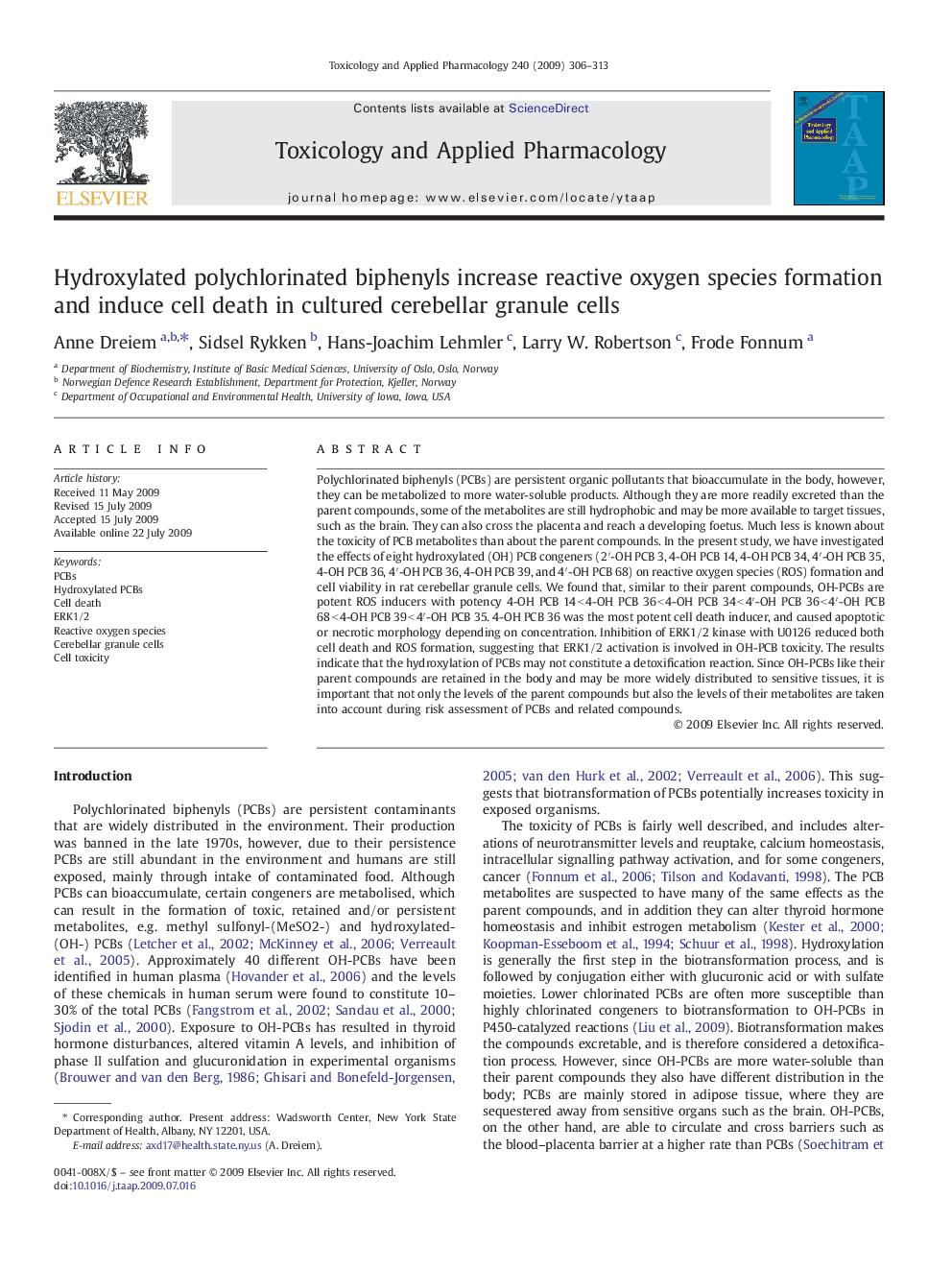 Hydroxylated polychlorinated biphenyls increase reactive oxygen species formation and induce cell death in cultured cerebellar granule cells