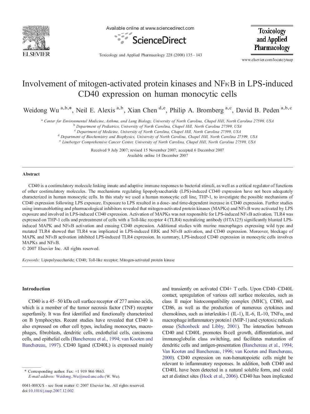 Involvement of mitogen-activated protein kinases and NFκB in LPS-induced CD40 expression on human monocytic cells