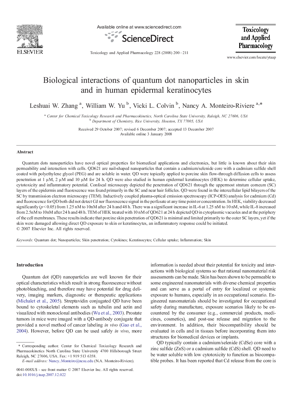 Biological interactions of quantum dot nanoparticles in skin and in human epidermal keratinocytes