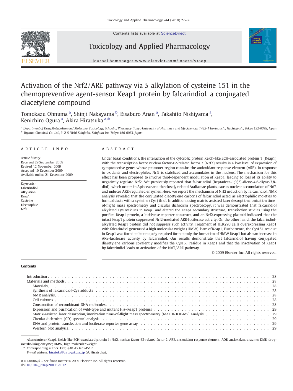 Activation of the Nrf2/ARE pathway via S-alkylation of cysteine 151 in the chemopreventive agent-sensor Keap1 protein by falcarindiol, a conjugated diacetylene compound