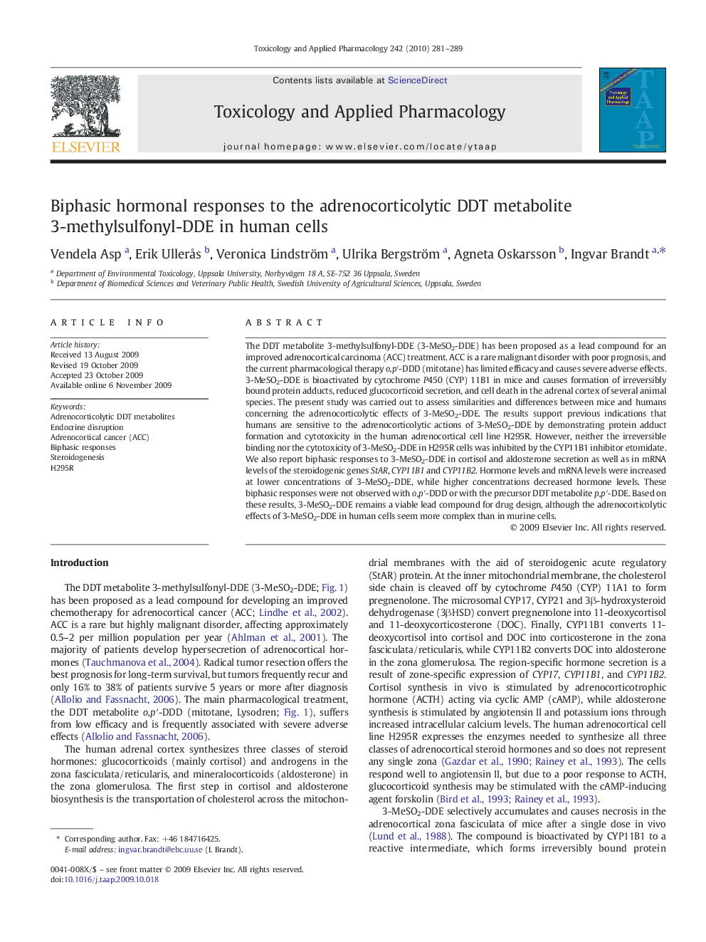 Biphasic hormonal responses to the adrenocorticolytic DDT metabolite 3-methylsulfonyl-DDE in human cells