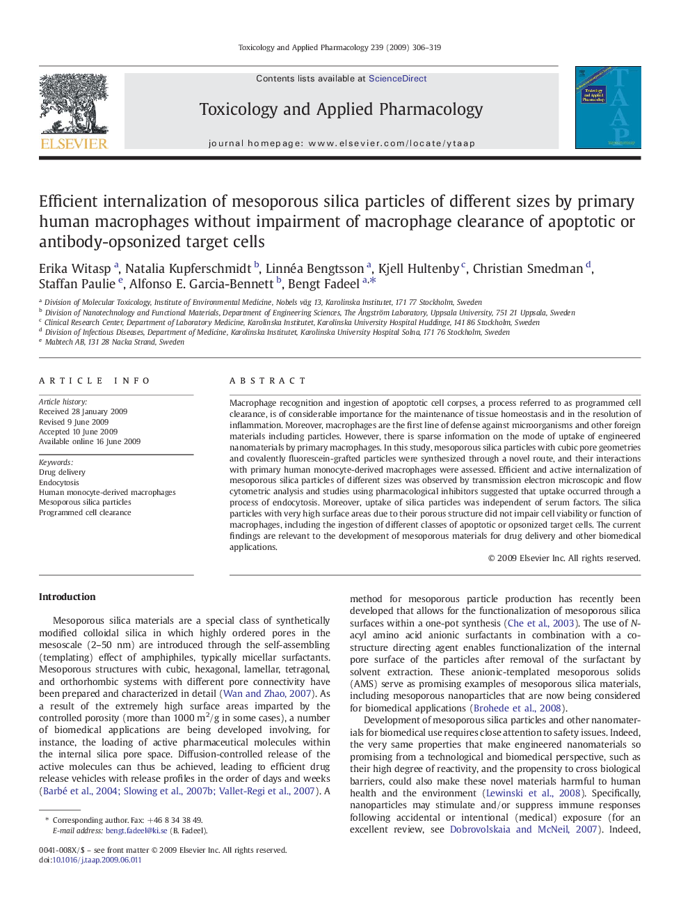 Efficient internalization of mesoporous silica particles of different sizes by primary human macrophages without impairment of macrophage clearance of apoptotic or antibody-opsonized target cells