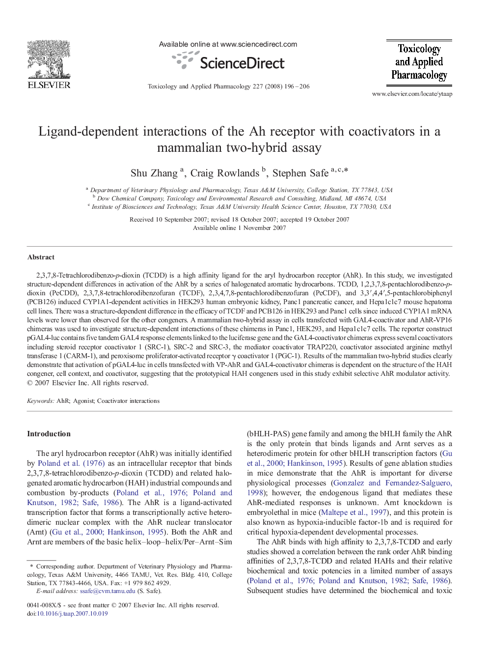 Ligand-dependent interactions of the Ah receptor with coactivators in a mammalian two-hybrid assay