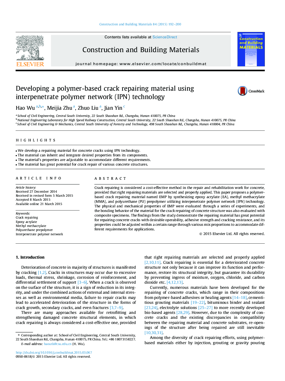 Developing a polymer-based crack repairing material using interpenetrate polymer network (IPN) technology