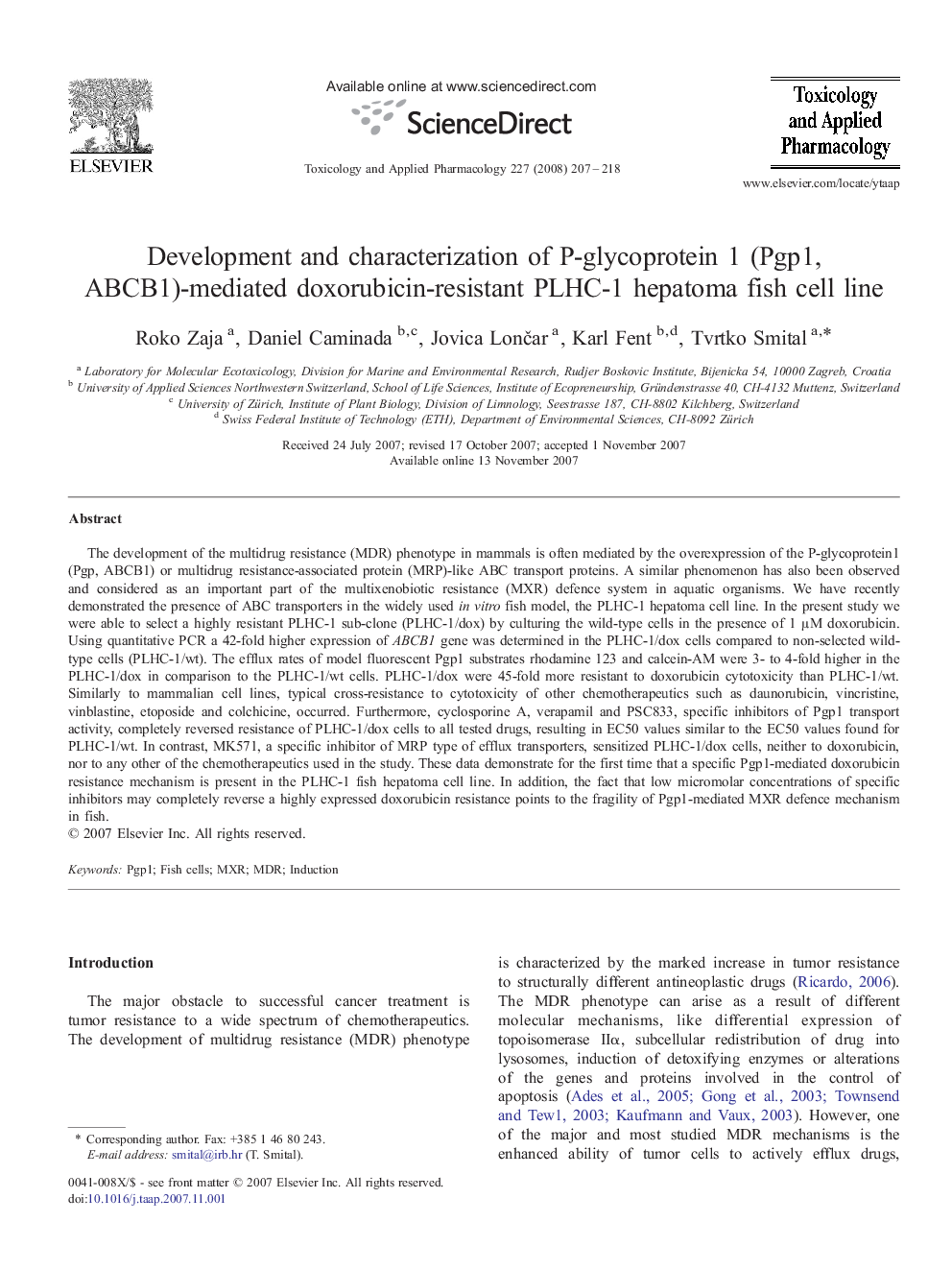 Development and characterization of P-glycoprotein 1 (Pgp1, ABCB1)-mediated doxorubicin-resistant PLHC-1 hepatoma fish cell line