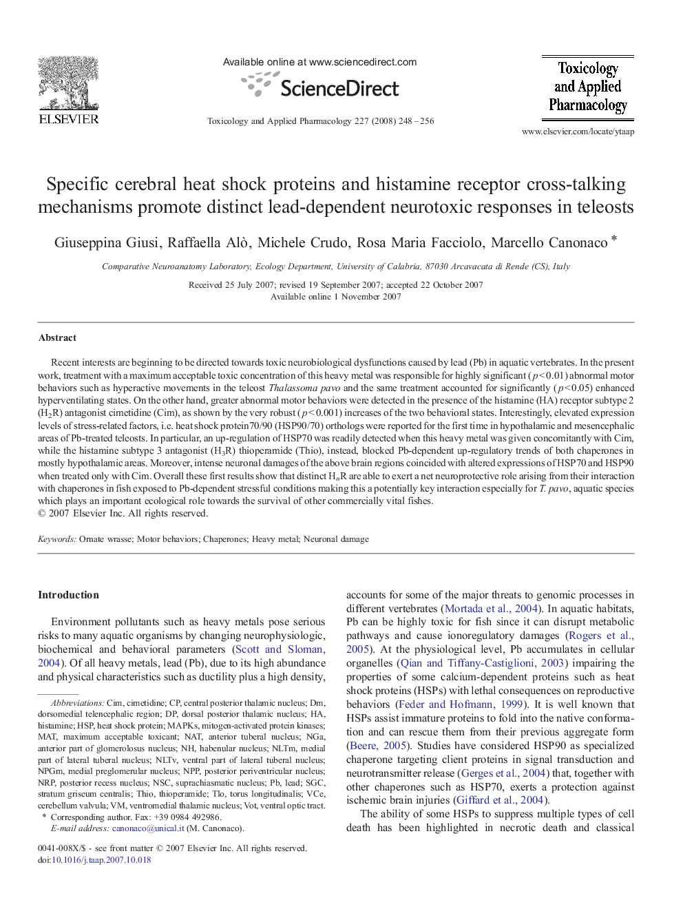 Specific cerebral heat shock proteins and histamine receptor cross-talking mechanisms promote distinct lead-dependent neurotoxic responses in teleosts