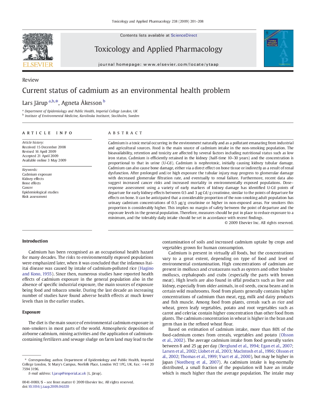 Current status of cadmium as an environmental health problem